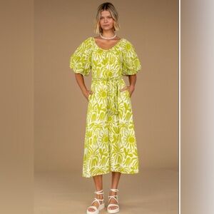 Olivia James Vibrant Chartreuse and White Penny Midi Dress Oversized Size S